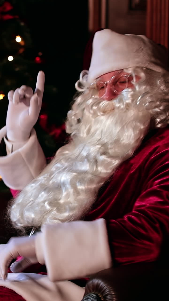 Thoughtful Santa minds the time. Kid's favorite personage in the room with beautiful Christmas tree and presents. Vertical video