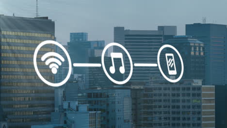 Animation-Eines-WLAN-Netzwerks-Und-Mediensymbolen-über-Einer-Modernen-Stadtlandschaft