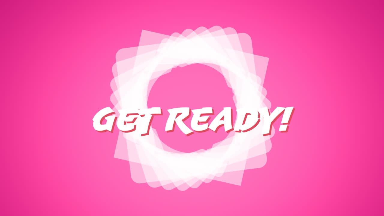 animación digital de texto listo sobre una forma circular abstracta girando contra un fondo rosa