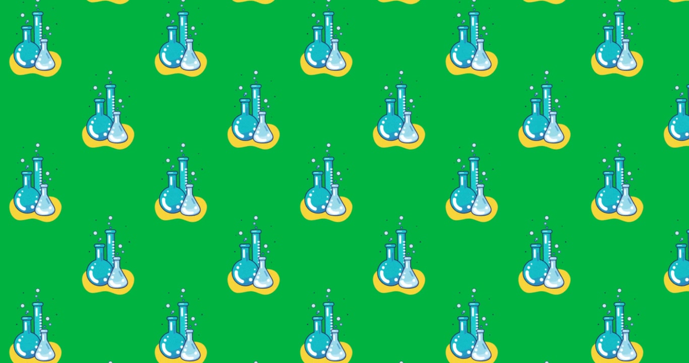 Animation of multiple rows of chemistry laboratory equipment school subject icons moving