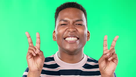 Black-man,-peace-sign-and-face-by-green-screen
