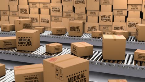 cardboard boxes with medical supplies and donations on the conveyor belt