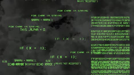 animación de código informático verde y hexadecimal contra nubes oscuras