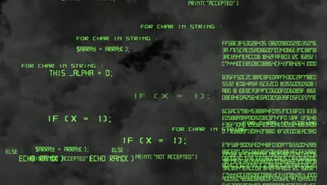 animation of green computer code and hex against dark clouds