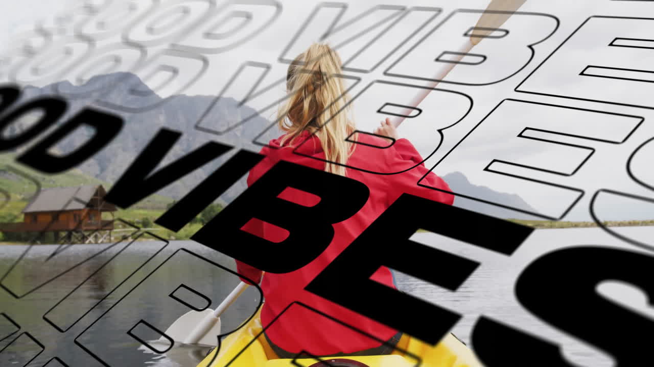 animación de vibraciones texto sobre mujer caucásica remo