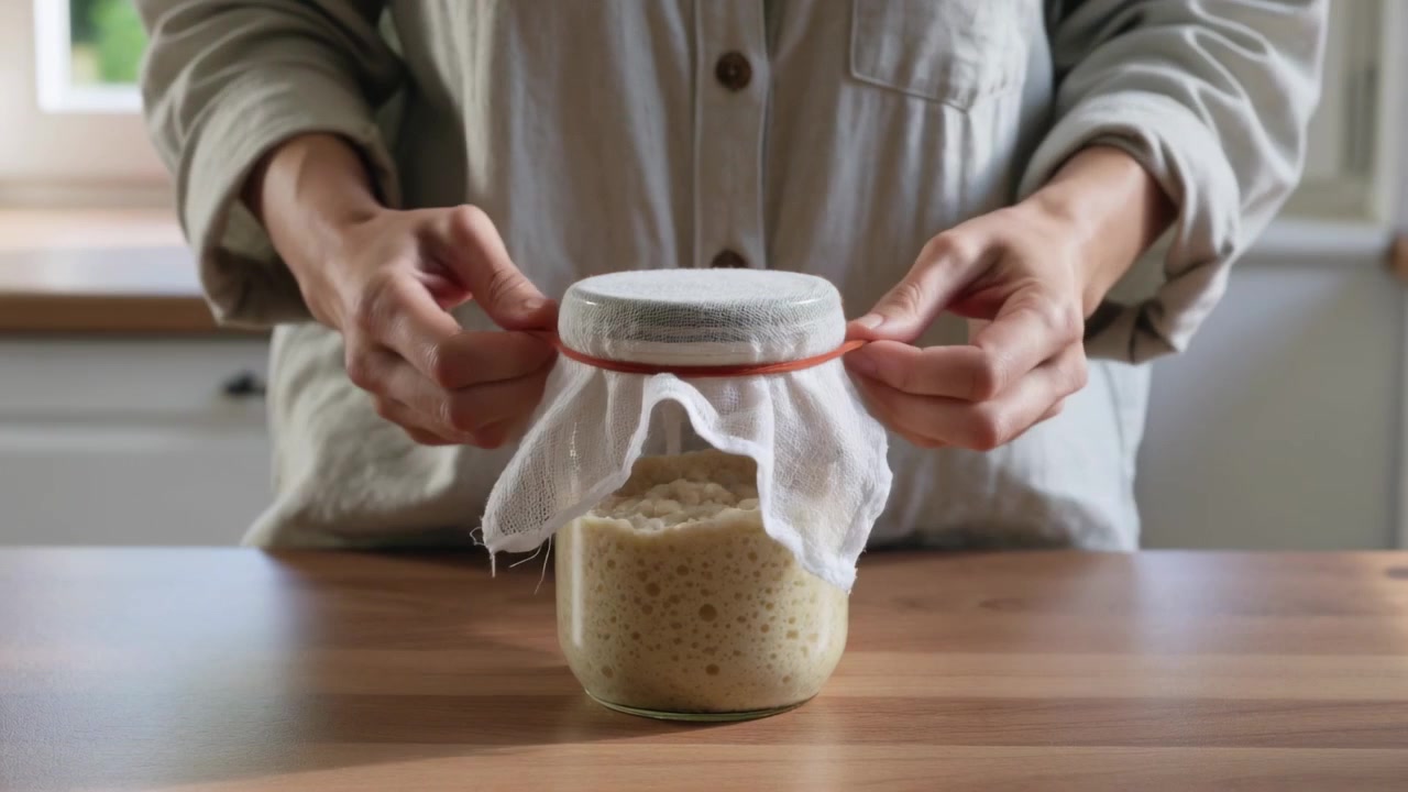Abaixando o pano de queijo, mulher com blusa clara ajustando um elástico ao redor do pote de fermento para protegê-lo