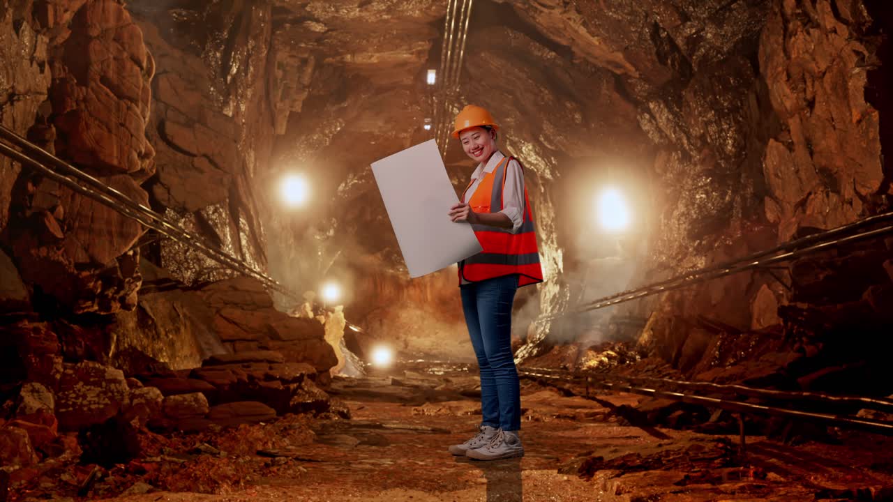 Female Engineer Examining Blueprint in Underground Tunnel
