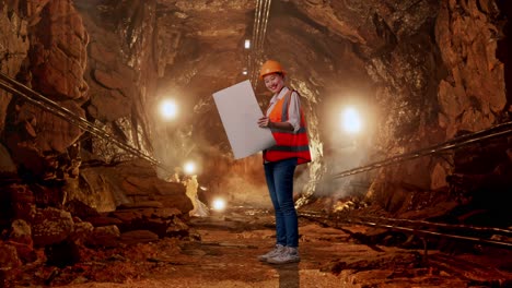 female engineer examining blueprint in underground tunnel