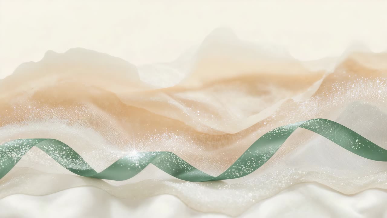 Nastro verde fluente che reagisce al riflesso dei bagliori, muovendosi attraverso dune astratte stratificate con scintille