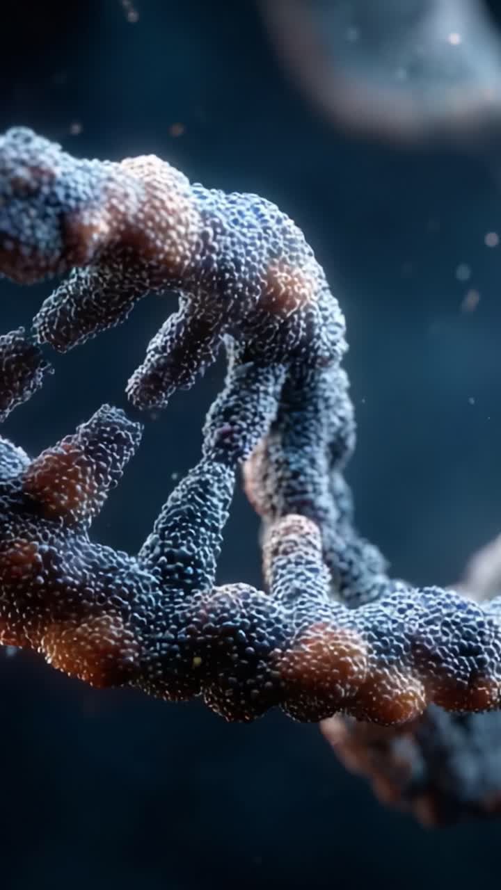 A Stunning Close-Up View of DNA Helix Structure, Showcasing Intricate Molecular Details and Focusing on the Unique Textures of Genetic Material in a Microscopic World