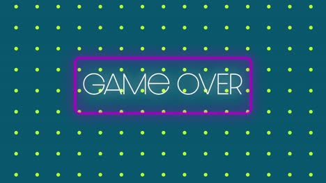 Digital-animation-of-game-over-text-in-neon-rectangle-frame-against-multiple-yellow-dots-on-green-ba