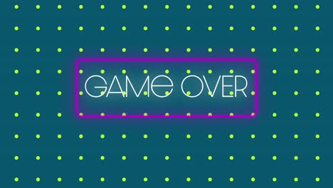 animación digital del juego sobre texto en marco rectangular de neón contra múltiples puntos amarillos en ba verde