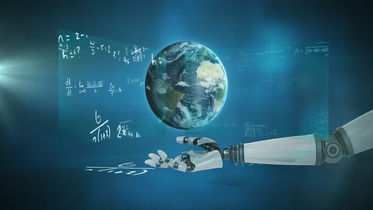 Globe spinning over robotic hand against mathematical equations on blue background