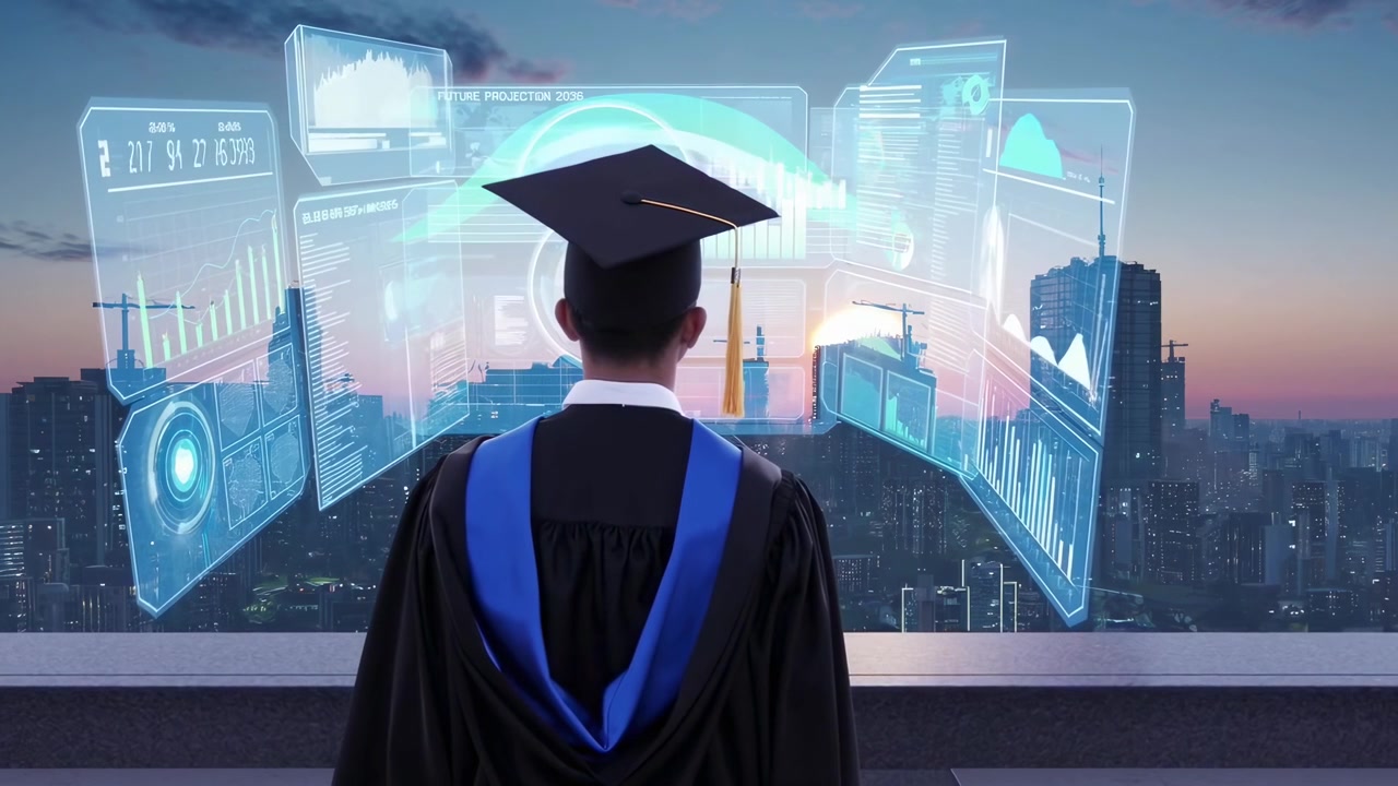 Studente universitario visualizza proiezioni future su schermi olografici sopra la città.