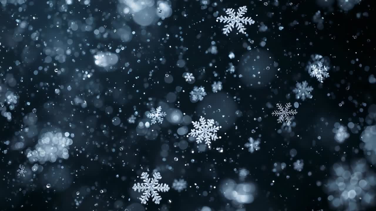 Drifting crystalline snowflakes descending after snowfall in dark field, revealing hexagonal arms