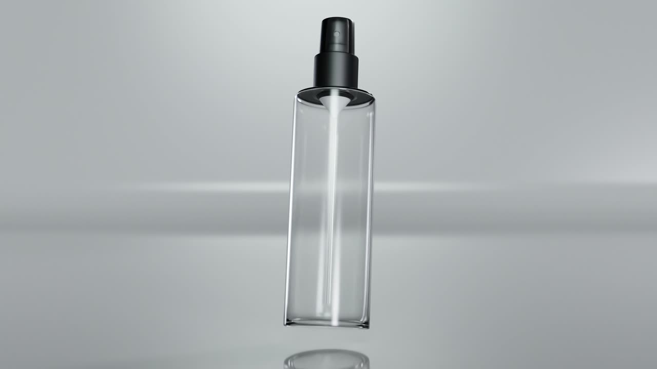 animación de bucle de spray instantáneo antiséptico de desinfectante de manos, líquido alcohólico antibacteriano. una botella de plástico transparente con bomba de atomizador aislada sobre fondo blanco, toma de estudio. renderizado en 3d