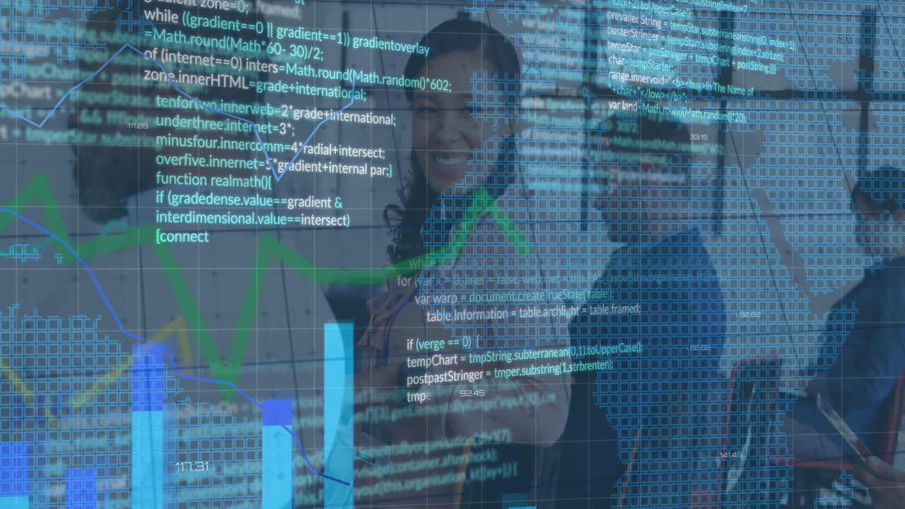 animación del procesamiento de datos financieros sobre personas de negocios que trabajan en la oficina