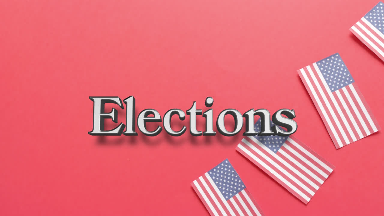 Animation of elections text over flags of united states of america on red background