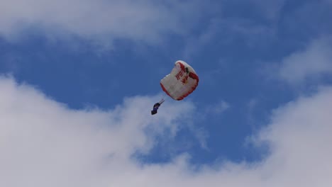 red bull skydiver opens his chute and glides through the air before landing. airpower 2024, slow motion
