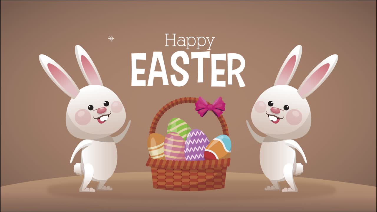 happy easter lettering celebration with rabbits and eggs