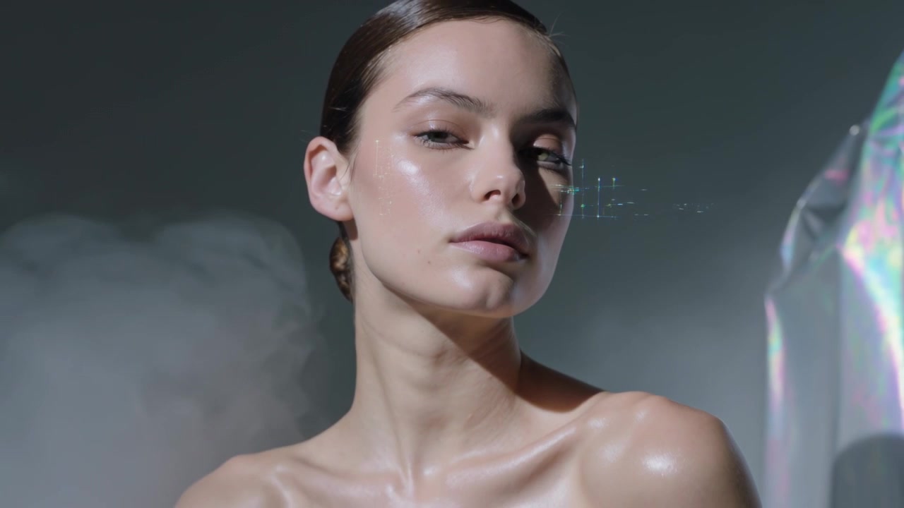 Kamera geri çekilirken, stüdyoda omuzları açık, başını eğen bir model, hologram, prizma, sis ve bir güzellik reklamı gösteriliyor.