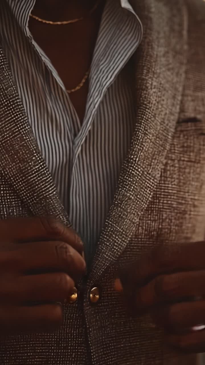 Et nærbillede af en stilfuld person, der justerer sin elegante habitjakke med en stribet skjorte indenunder, hvilket fremhæver sans for detaljer og modeelegance.