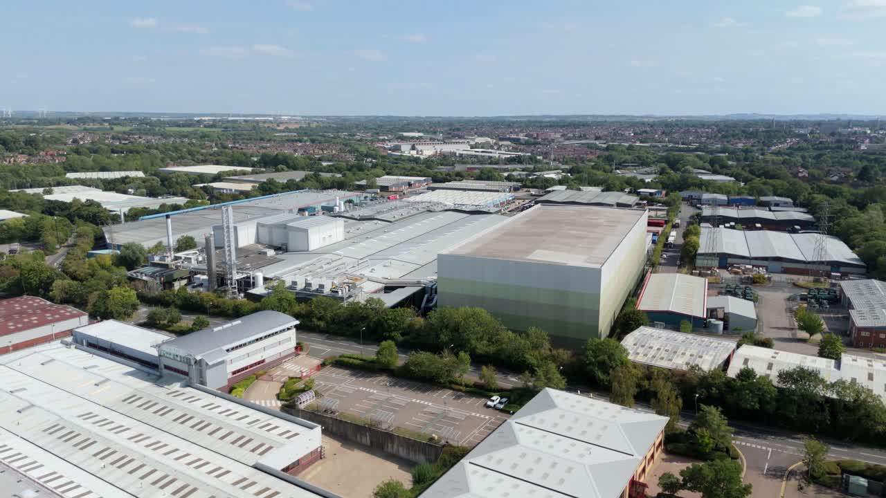 Aerial top down drone view of industrial warehouses and distribution centres in Rugby England UK business district