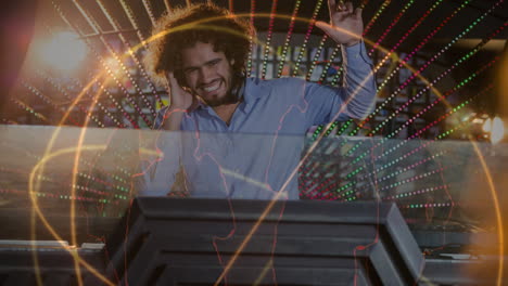 digital animation showing smiling disco jockey mixing music in pub 4k