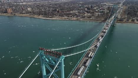 semi-trucks pilling on ambassador bridge to cross usa - canada border