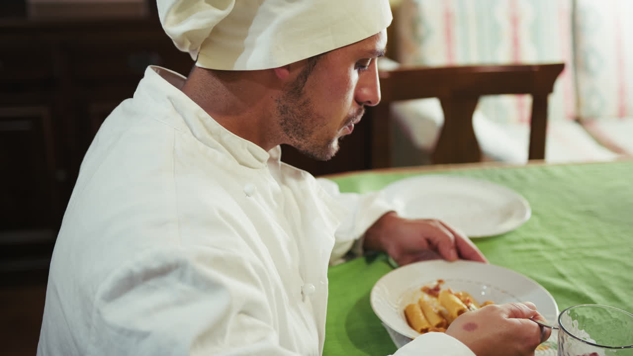 Lonely Italian Chef Eats His Plate of Pasta Before Humble Service at Restaurant