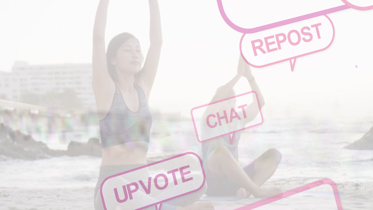 Couple practicing beach yoga on inhale, lifting arms while UPVOTE CHAT REPOST labels over for focus
