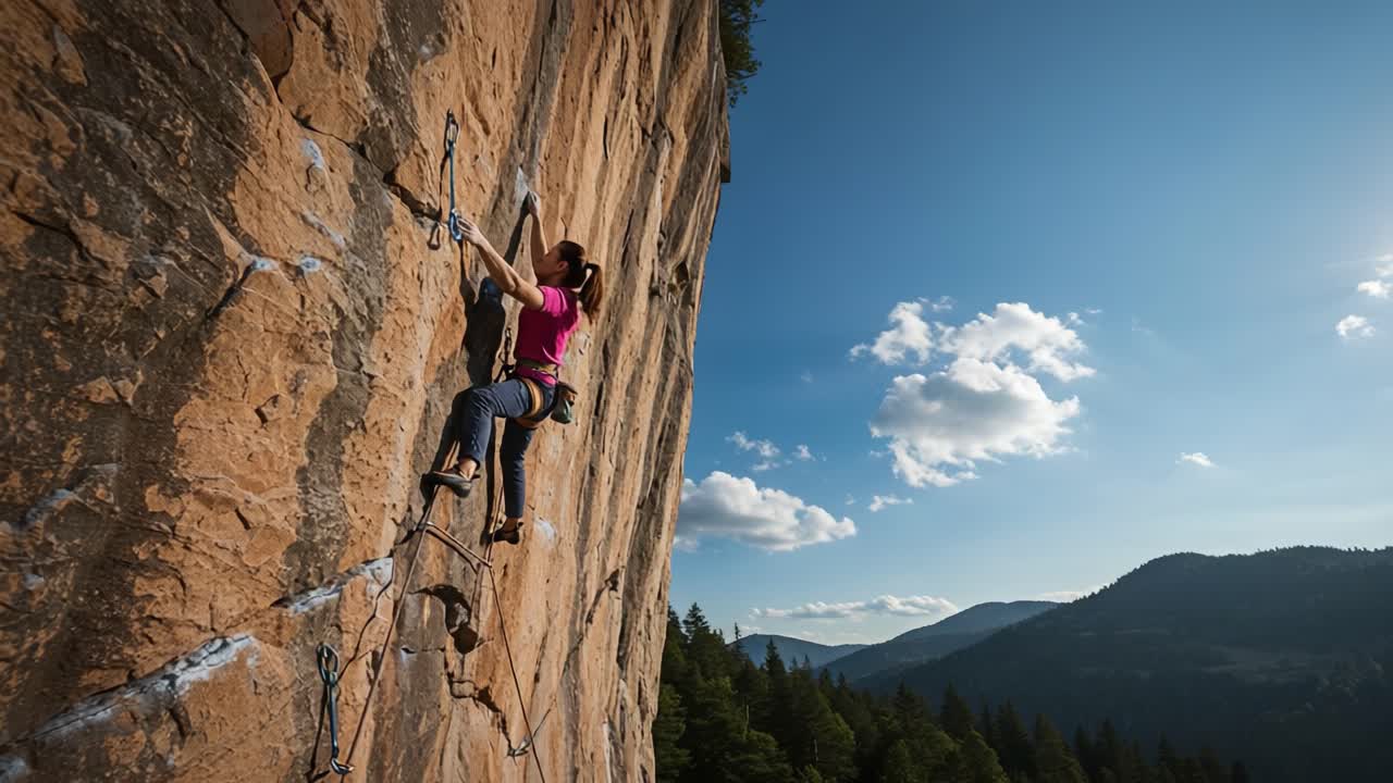 Woman Rock Climbing on a Steep Cliff Face