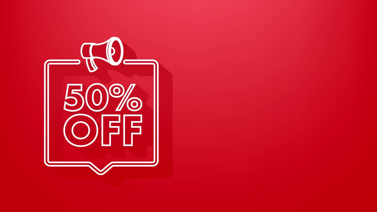 50 por ciento de descuento en la venta banner de descuento con megáfono. etiqueta de precio de oferta de descuento. promoción de descuento del 50 por ciento icono 3d. gráfico de movimiento