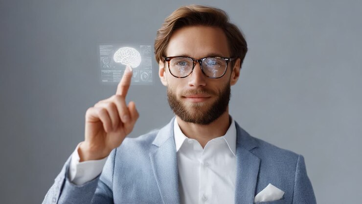 En selvsikker professionel med futuristisk hjeregrafik, der demonstrerer avanceret teknologi og innovativ tænkning i en moderne virksomhed