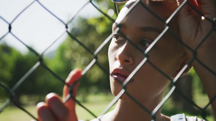 Mixed race woman looking through a fence