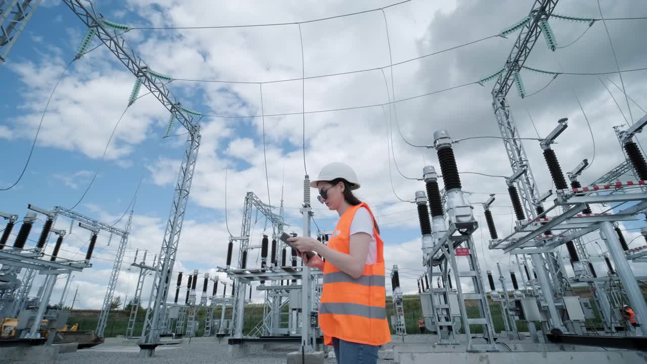 엔지니어링 직원은 현대적인 전기 서브 스테이션을 둘러보고 검사합니다.