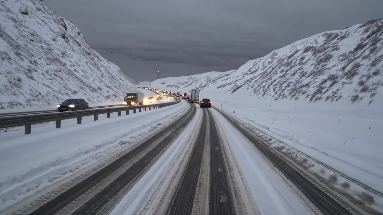 Slow moving vehicles navigating snow covered mountain highway, creating traffic congestion amid wintry landscape with limited visibility and challenging road conditions