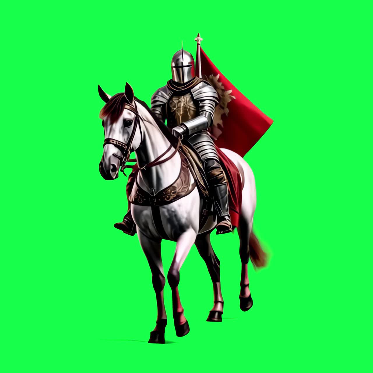 Medieval knight on horseback animation, transparent 4K video, green screen