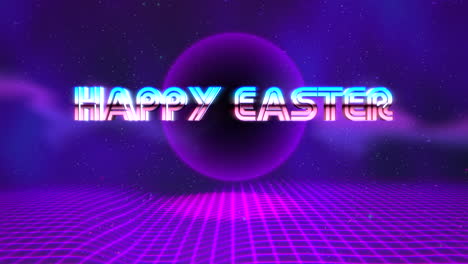 texto de animación felices pascuas y bola disco púrpura sobre fondo retro en estilo 90