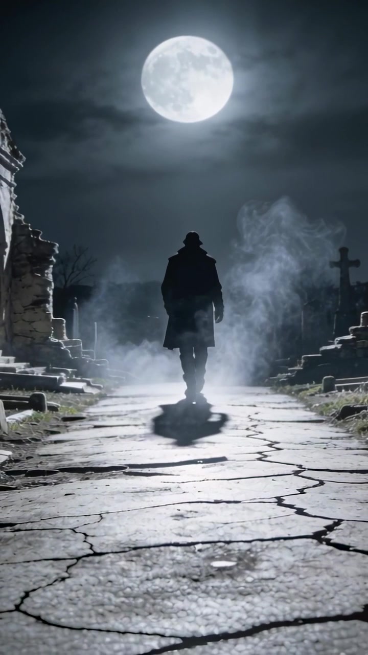Video verticale: Uomo che cammina con cappotto e cappello si muove verso delle rovine sotto la luna piena mentre la nebbia sale