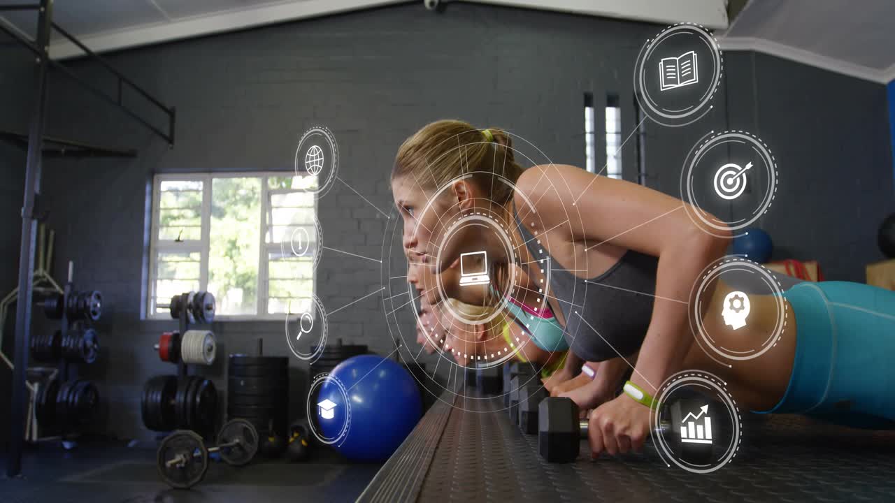Four athletes syncing push-ups as camera dollying upward and HUD rotating capturing fitness data