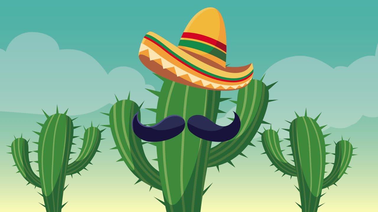 celebración de cinco de mayo con cactus con bigote y sombrero mariachi