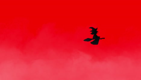 Halloween-Animation-Schwarze-Hexe-Fliegt-Auf-Besen-über-Nebligen-Hintergrund-Rot