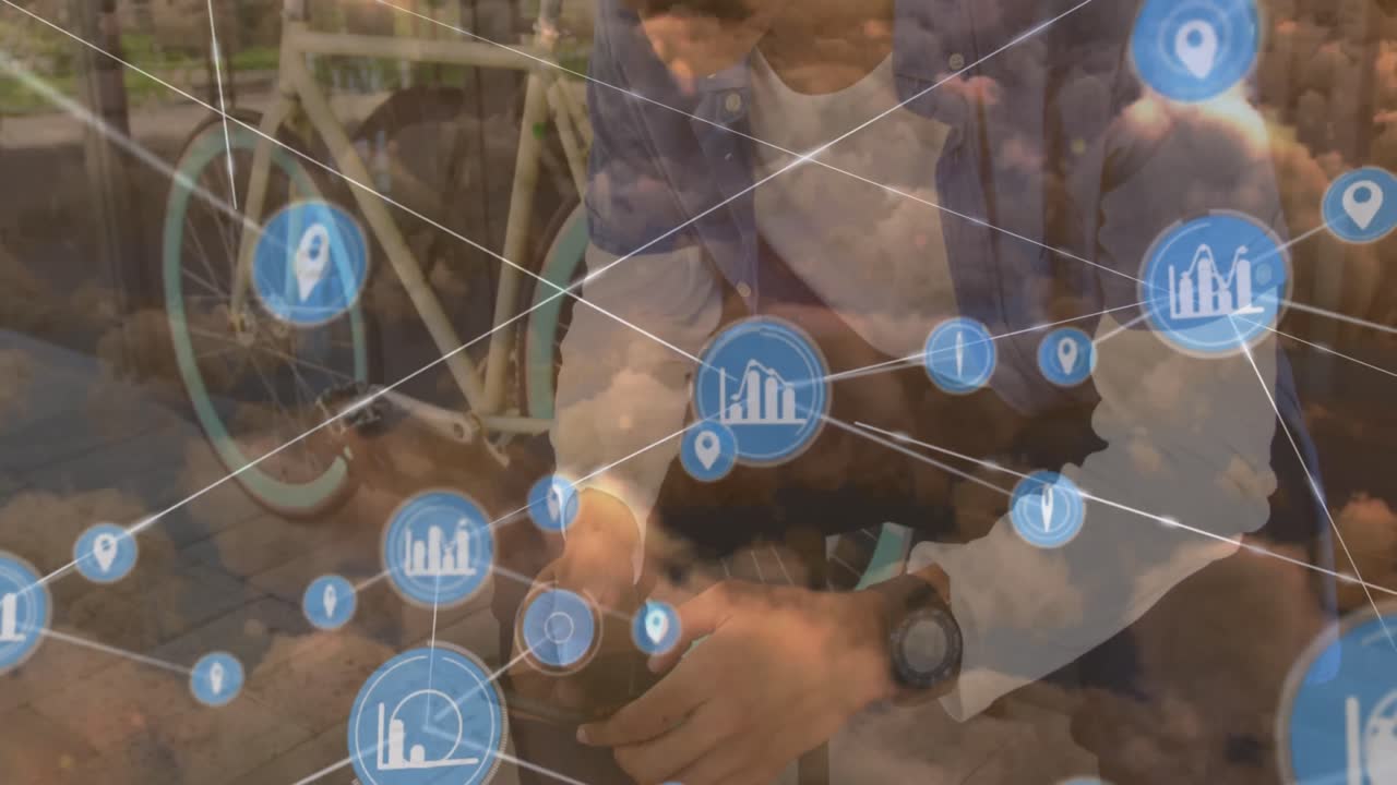 자전거를 타고 있는 두 인종의 남자를 대상으로 한 데이터 처리 애니메이션