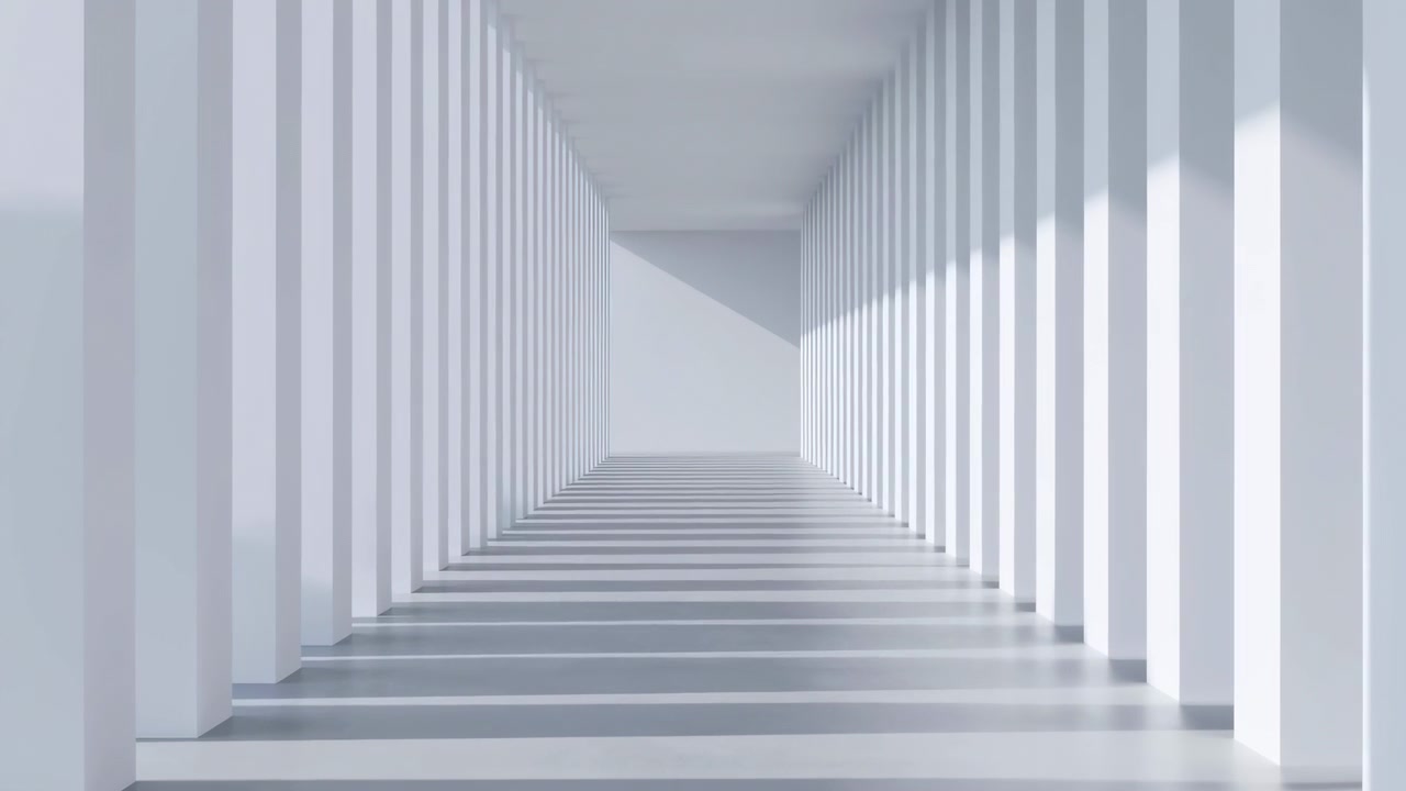 Un sereno interno futuristico con pilastri in vetro e metallo e fasci di luce, che mostra un design minimalista moderno con forme geometriche e giochi di luce, visto da una prospettiva neutra in basso-cw.