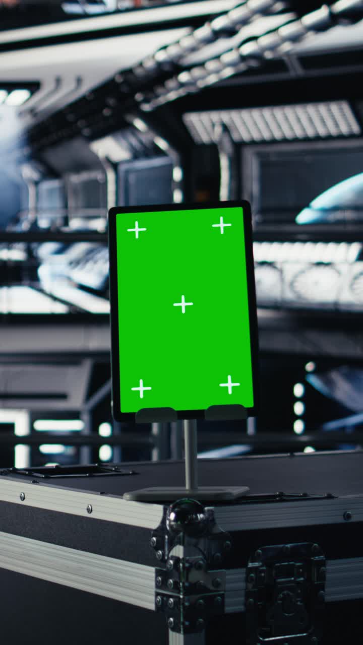 Vertical video Mockup laptop in orbital station surrounded by display tracking Mars telemetry