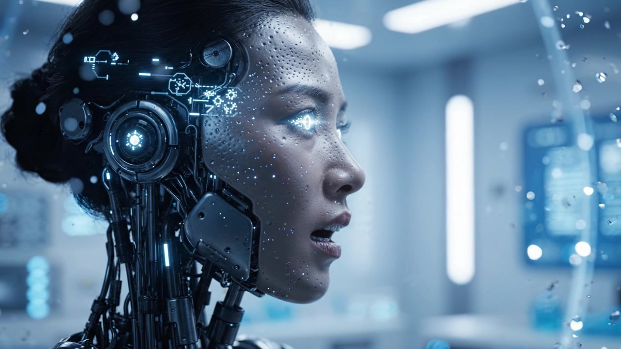 Una donna cyborg futuristica con miglioramenti robotici avanzati, caratterizzata da dettagli illuminati e circuiti intricati, che mostra emozione in un ambiente ad alta tecnologia.