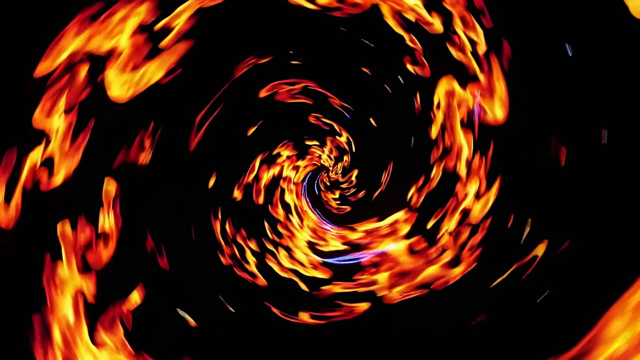 Dynamic spiral of fiery streaks captured from a top-down angle, resembling a vortex