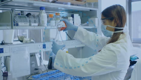 animación de números en círculo sobre científica caucásica haciendo experimentos en el laboratorio