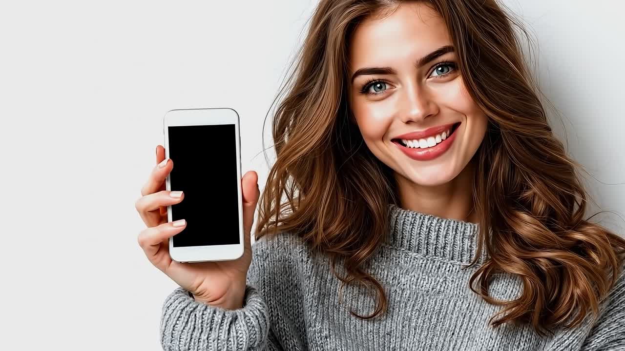 Una donna che mostra uno smartphone con uno schermo vuoto